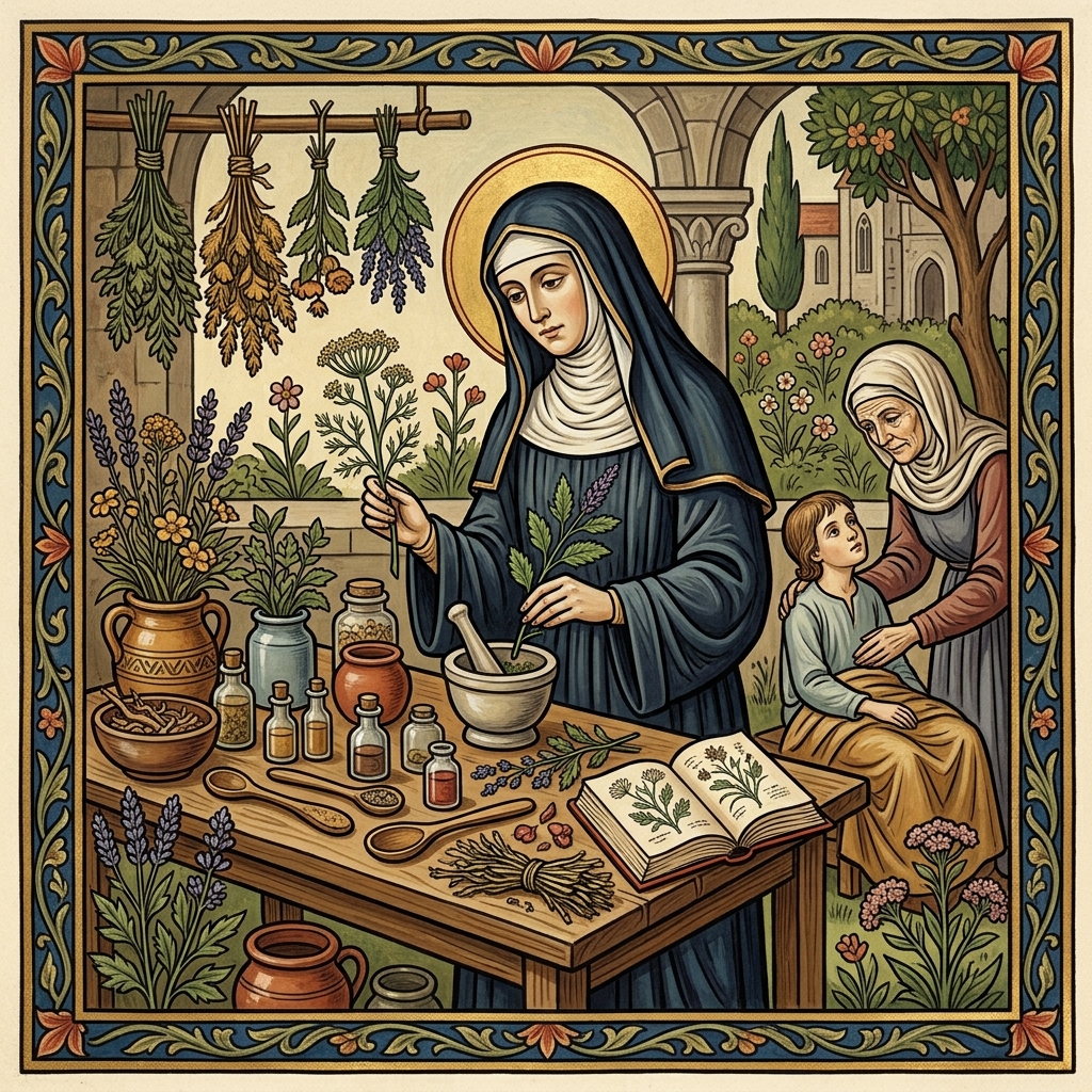 Hildegard von Bingen i tillämpningen av medeltida naturläkekonst med medicinalväxter
