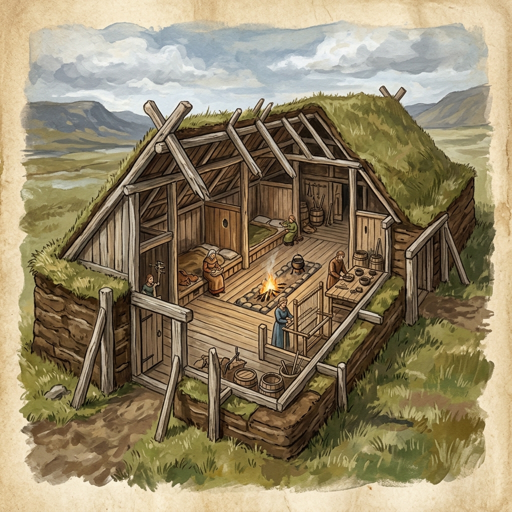 Historisk illustration av ett vikingatidslånghus med planritning och inredning, byggt av torv och trä
