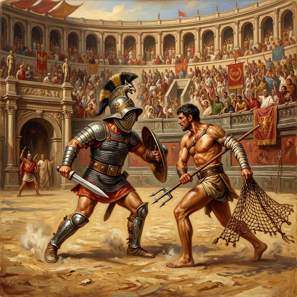 Historisk skildring av två gladiatorer som kämpar i den romerska arenan
