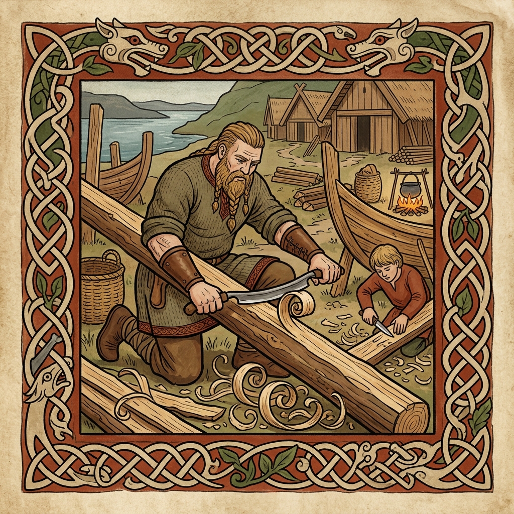 Vikingen skalar bort barken från träet till en runstav med hjälp av en snidkniv