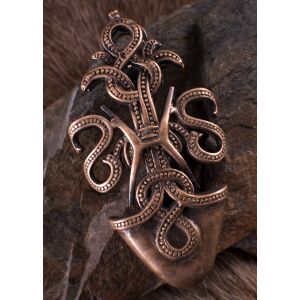 Låsplatta för vikingatida svärdsslida, ormmotiv, brons