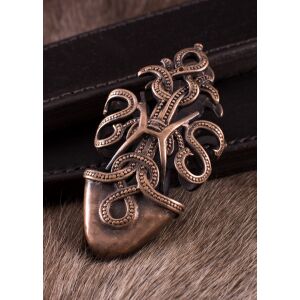 Låsplatta för vikingatida svärdsslida, ormmotiv, brons