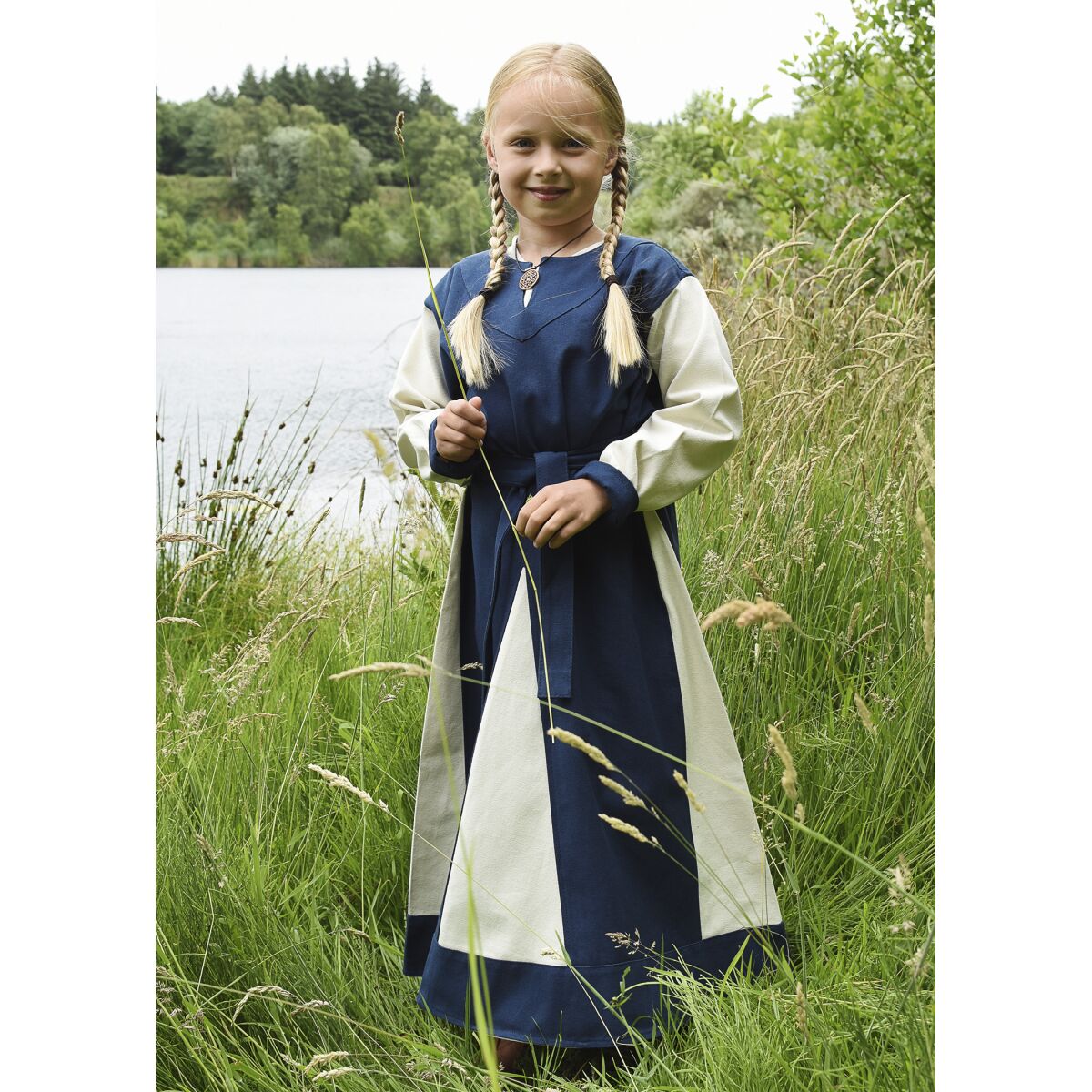 Vikingaklänning för barn Solveig, långärmad, blå/naturell, storlek 164
