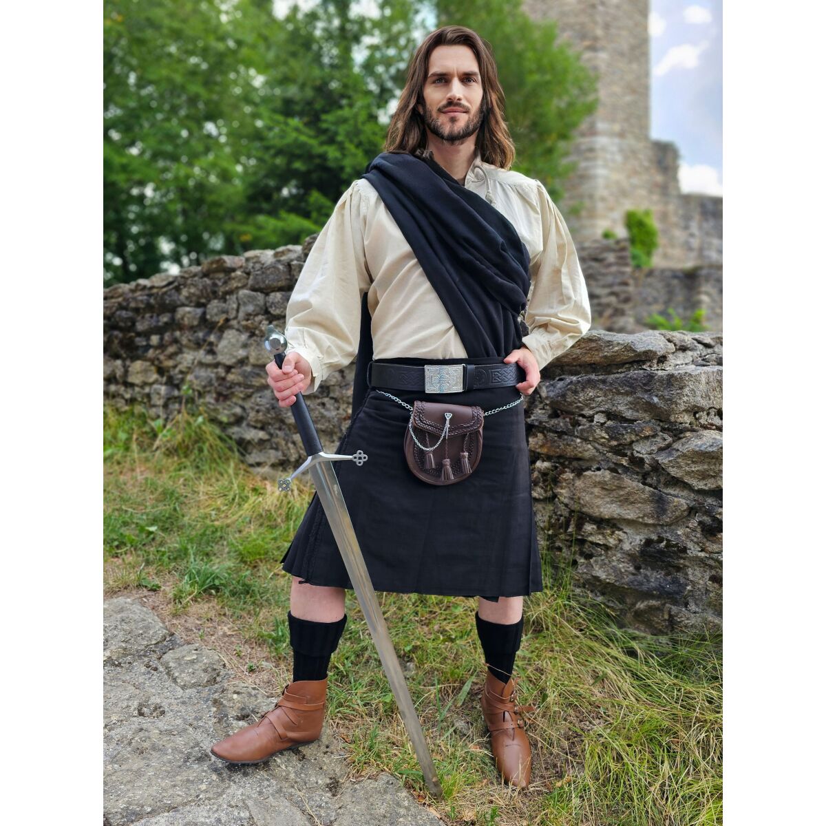Tartan kjol svart, 8 yard kilt M