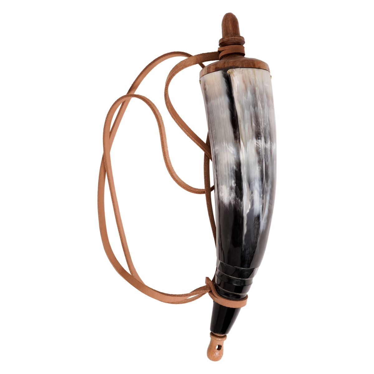 Pulverhorn med bärrem och lock av trä ca 25 cm