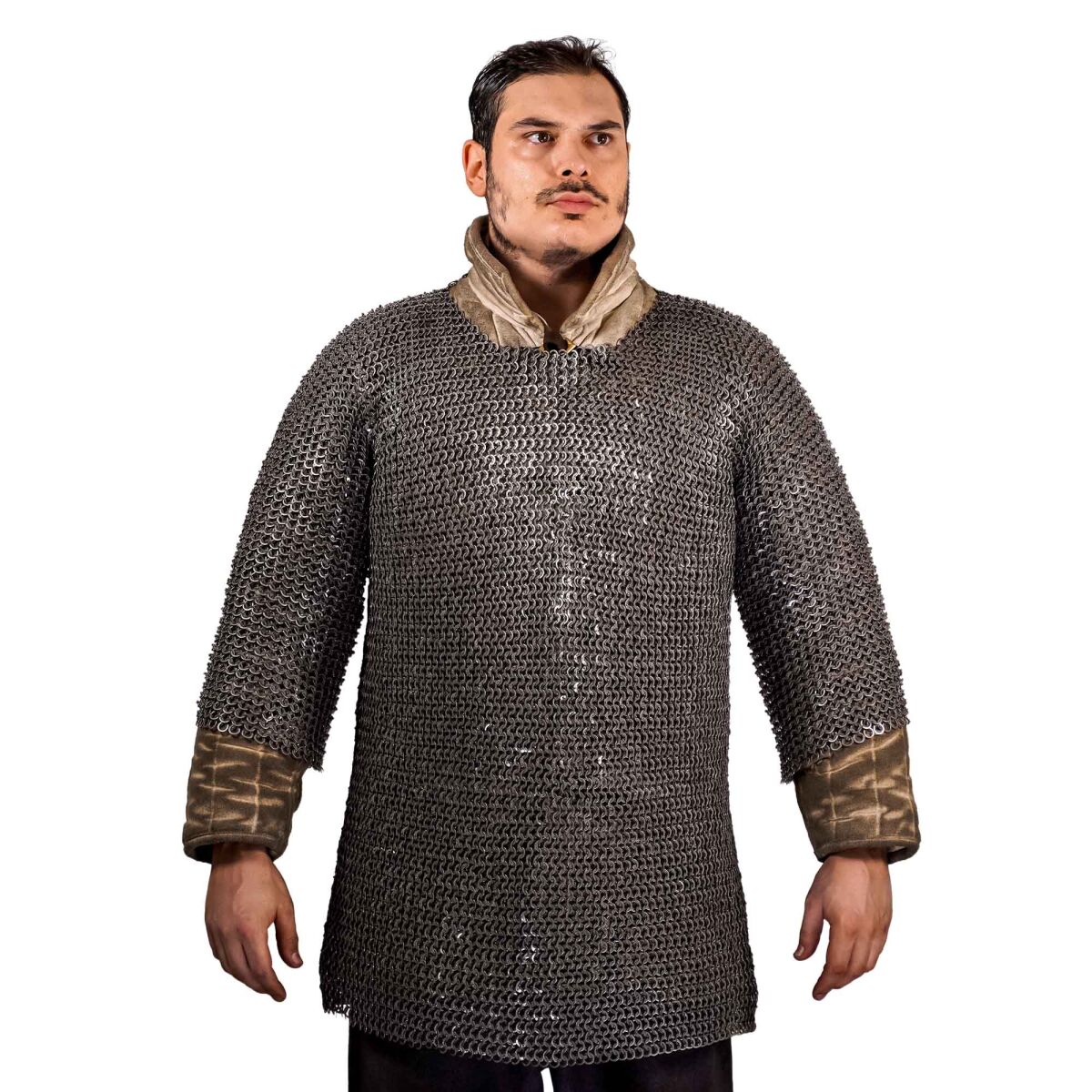 Flat ringbrynja med halvärmad skjorta Haubergeon, nitad 4-in-1, Id 9 mm, kolstål - XXL
