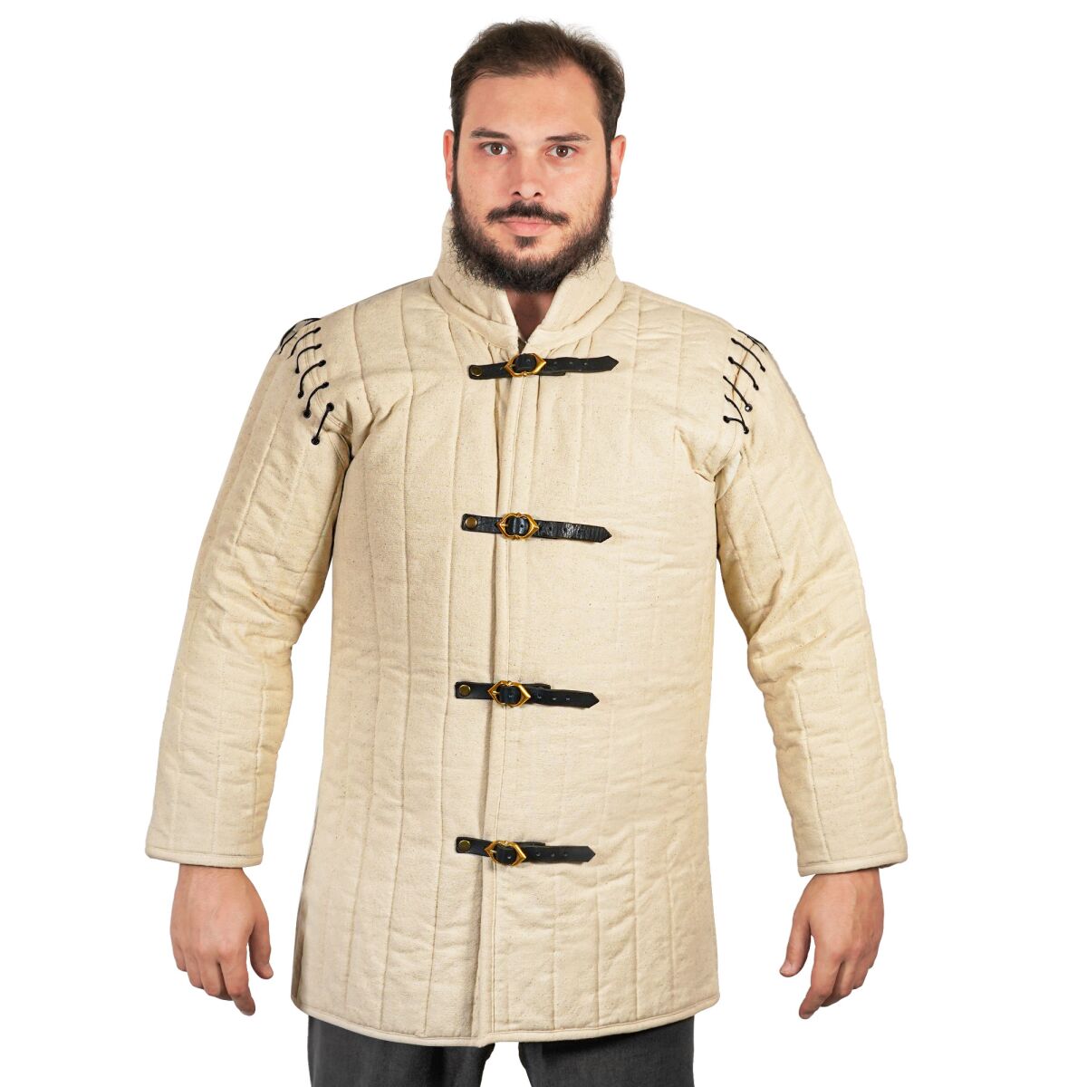 Medeltida vadderad gambeson (typ 1) med påsydda ärmar natur, L