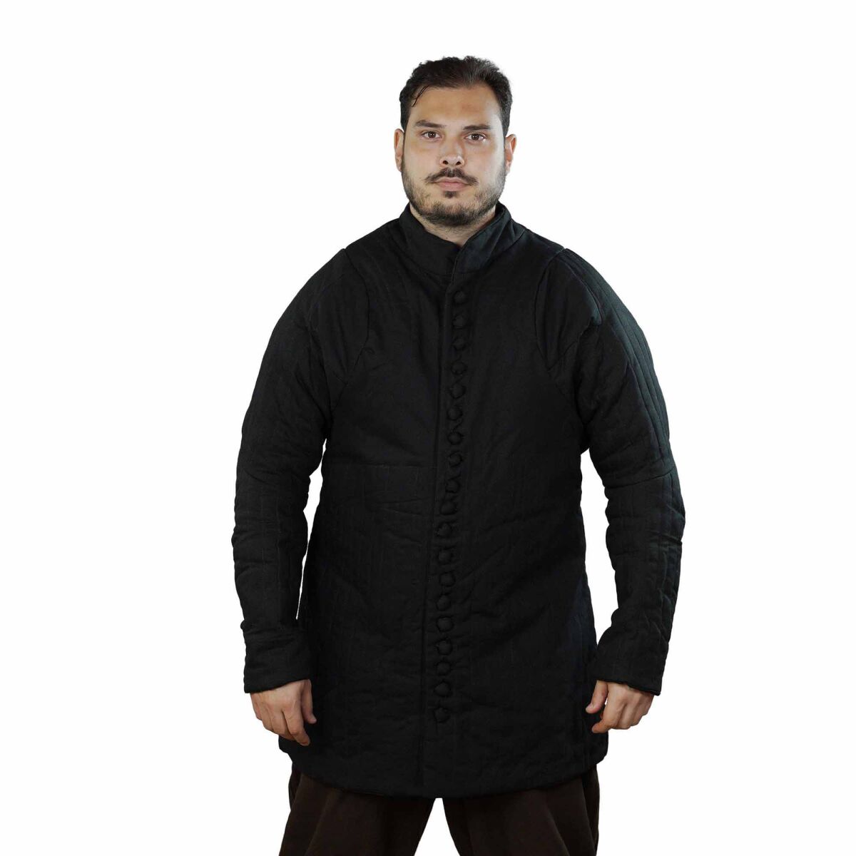 1300-tals medeltida vadderad gambeson (typ 6) med tygknappar svart, M