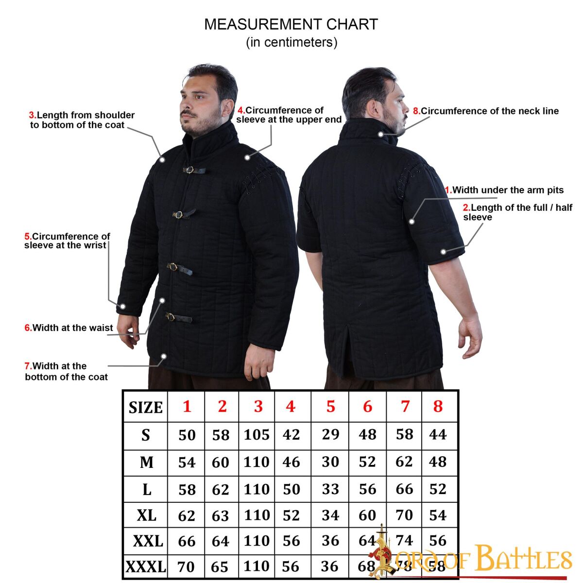 Medeltida vadderad gambeson (typ 1) med påsydda ärmar brun 3XL
